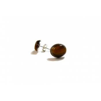 Dark Brown Tiger's Eye Cabochon and Silver Stud Earrings